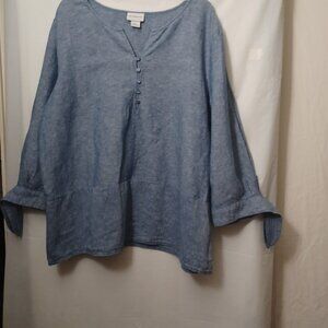 LIZ CLAIBORNE LINEN COTTON BLEND LONG SLEEVE TIE AT WRIST CHAMBRAY SHIRT